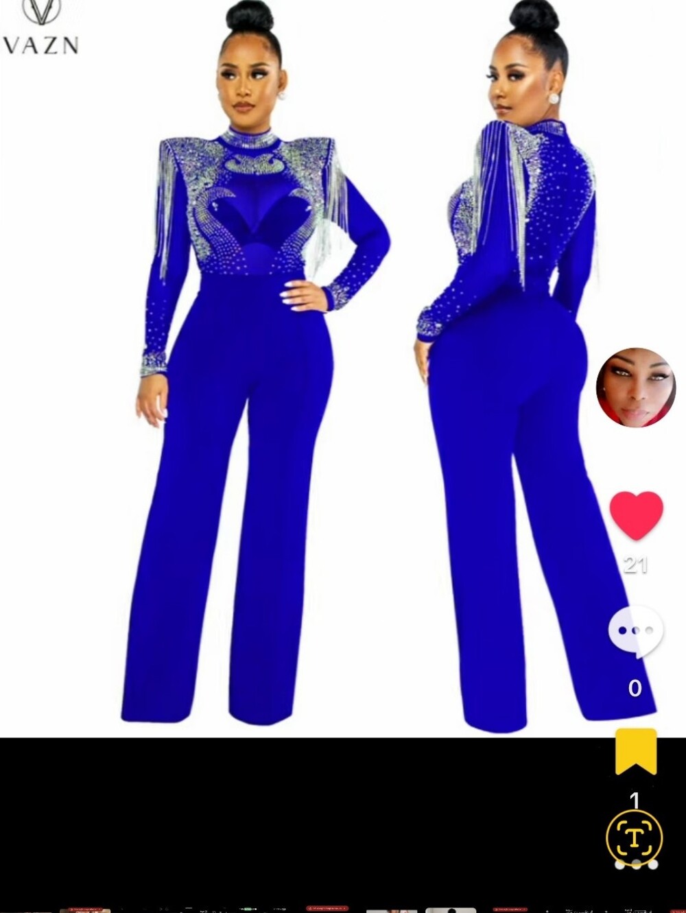 Blue  Embellished Wamon  Jumpsuit High Collar Hot Mehs Shoulder Cotton Streech
